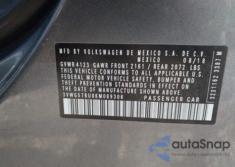 2019 Volkswagen Jetta 1.4T Sel Premium z USA, uszkodzony, nr VIN 3VWG57BU8KM089306